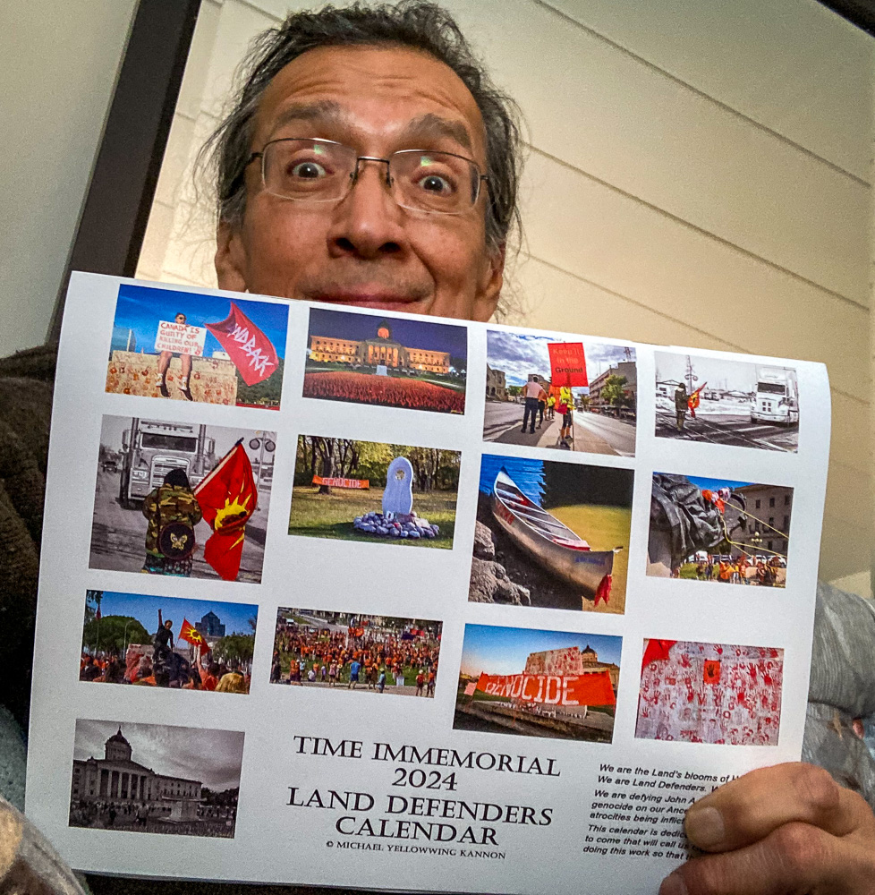 Michael Yellowwing Kannon and the Time Immemorial 2024 Land Defenders Calendar back page Copyright Michael Yellowwing Kannon